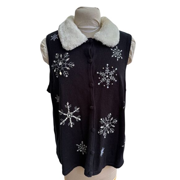 Merry & Bright Womens SweaterVest Sweater Snowflake Black/White Furry Collar XL - Picture 1 of 6